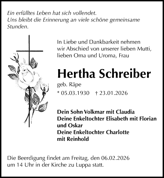 Traueranzeige von Hertha Schreiber von Leipziger Volkszeitung