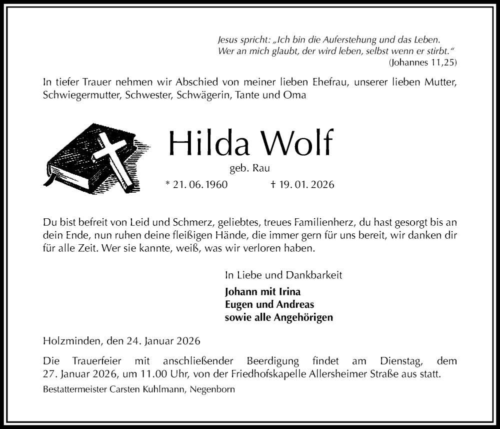  Traueranzeige für Hilda Wolf vom 24.01.2026 aus Täglicher Anzeiger Holzminden
