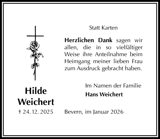 Traueranzeige von Hilde Weichert von Täglicher Anzeiger Holzminden