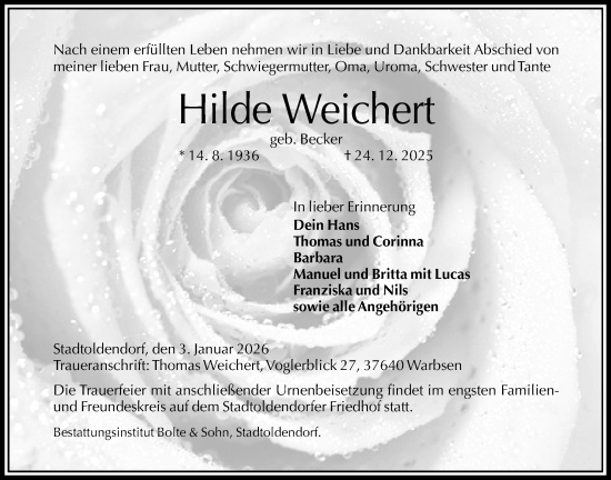Traueranzeige von Hilde Weichert von Täglicher Anzeiger Holzminden