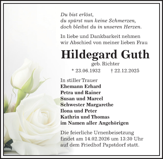 Traueranzeige von Hildegard Guth von Sächsische Zeitung