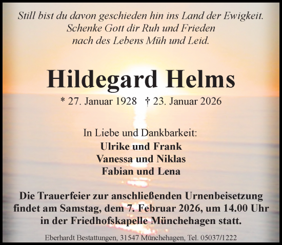 Traueranzeige von Hildegard Helms von Die Harke