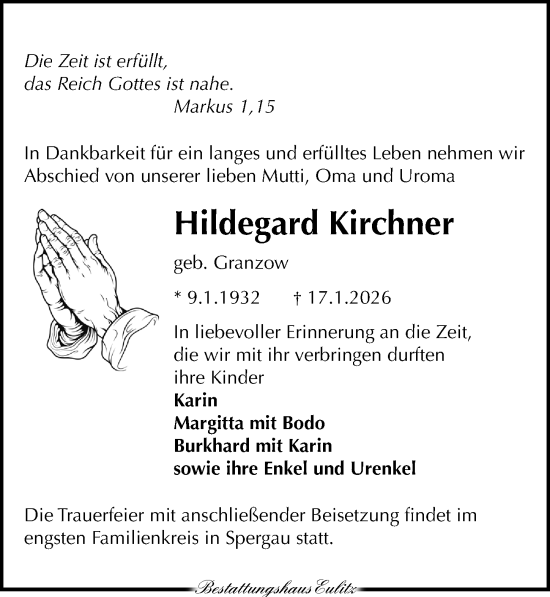 Traueranzeige von Hildegard Kirchner von Torgauer Zeitung