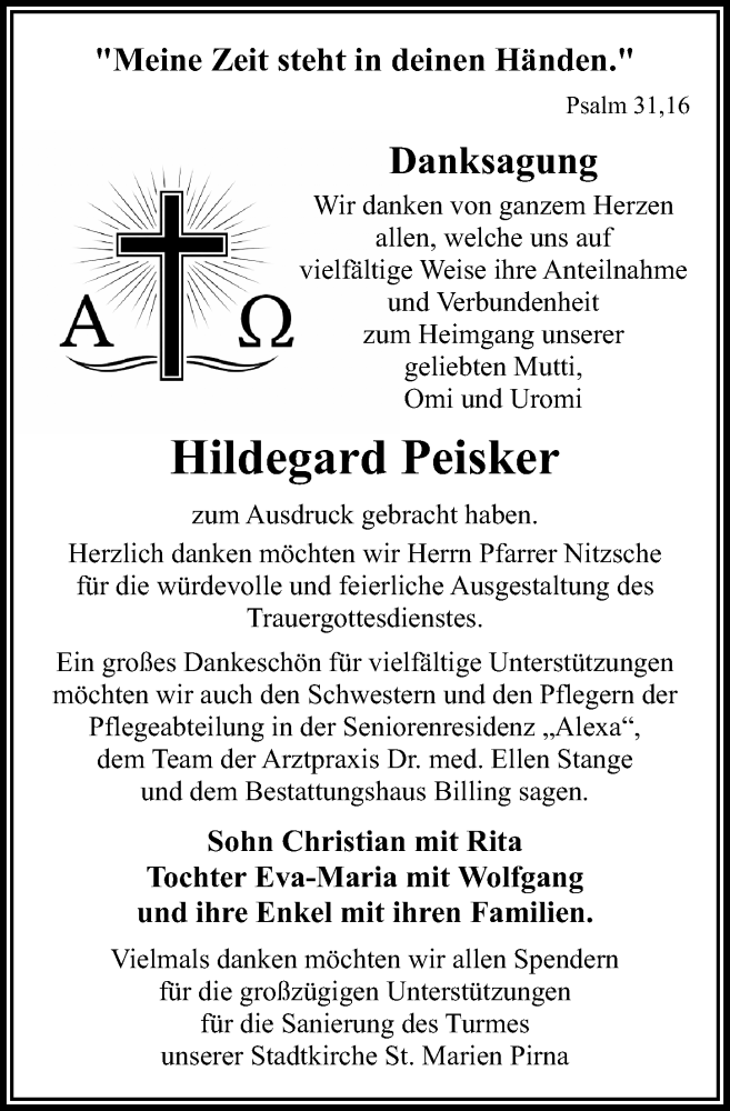  Traueranzeige für Hildegard Peisker vom 17.01.2026 aus Sächsische Zeitung