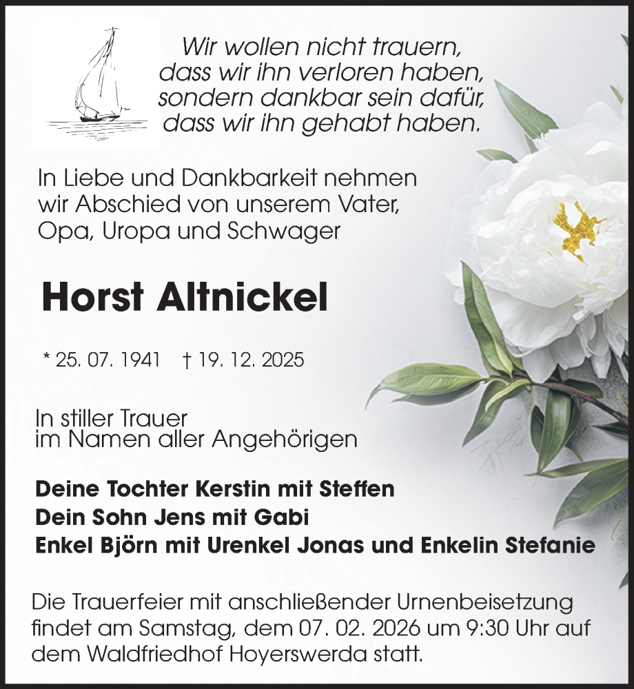  Traueranzeige für Horst Altnickel vom 17.01.2026 aus Sächsische Zeitung