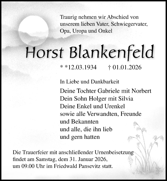 Traueranzeige von Horst Blankenfeld von Ostsee-Zeitung GmbH