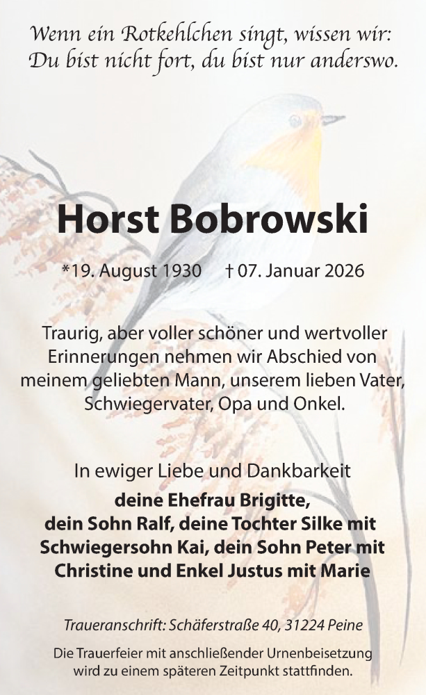  Traueranzeige für Horst Bobrowski vom 24.01.2026 aus Peiner Allgemeine Zeitung
