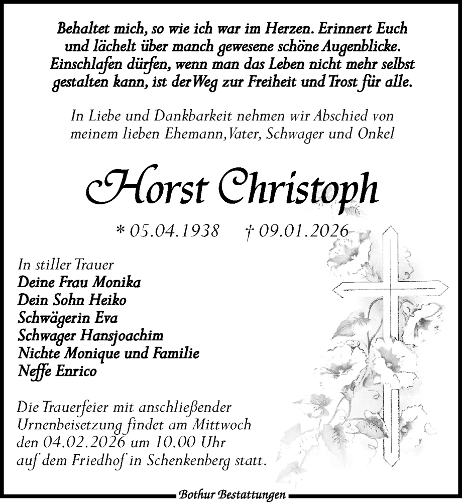  Traueranzeige für Horst Christoph vom 17.01.2026 aus Leipziger Volkszeitung