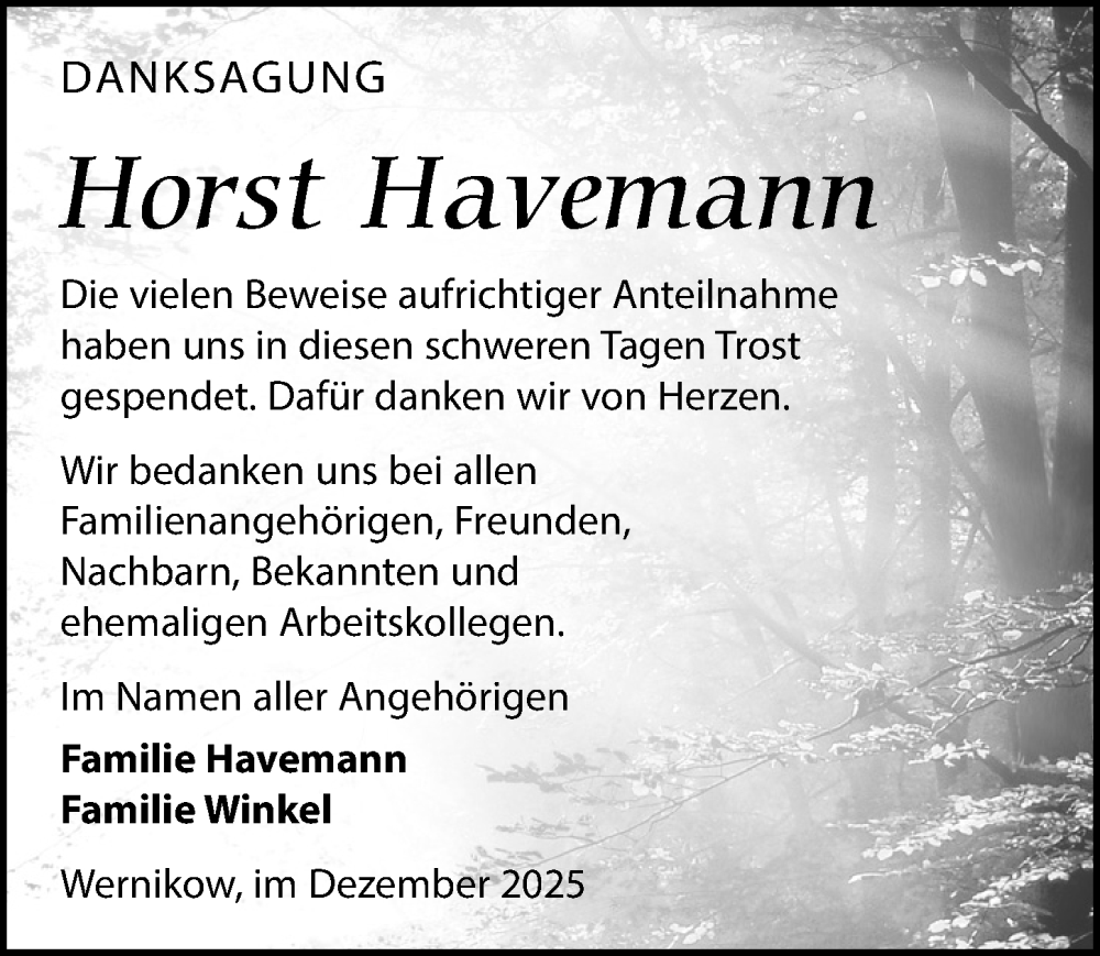  Traueranzeige für Horst Havemann vom 17.01.2026 aus Wochenspiegel