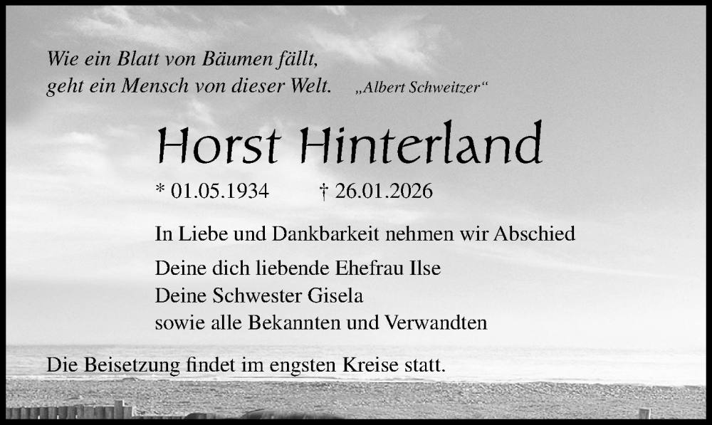  Traueranzeige für Horst Hinterland vom 31.01.2026 aus Ostsee-Zeitung GmbH