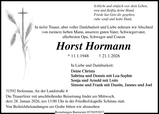 Traueranzeige von Horst Hormann von Die Harke