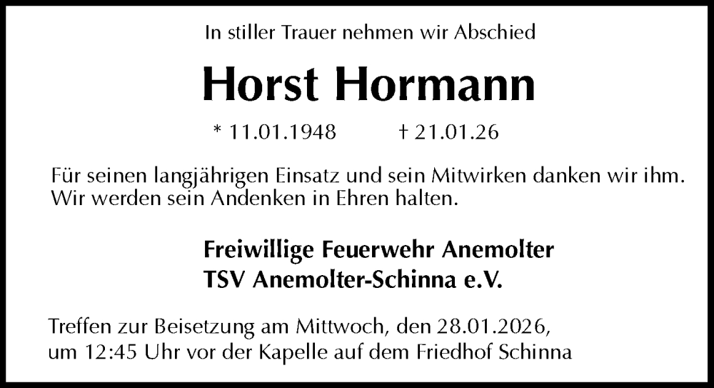  Traueranzeige für Horst Hormann vom 27.01.2026 aus Die Harke