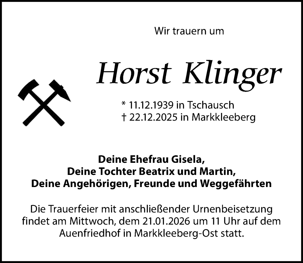  Traueranzeige für Horst Klinger vom 10.01.2026 aus Leipziger Volkszeitung