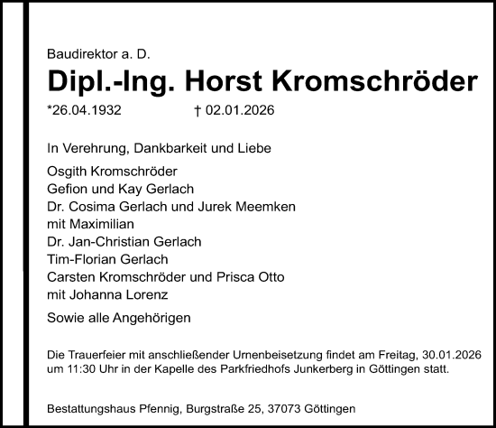 Traueranzeige von Horst Kromschröder von Göttinger Tageblatt