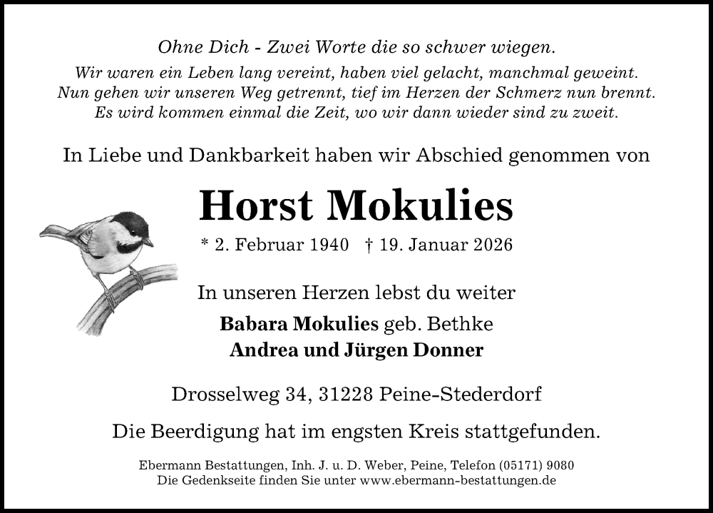  Traueranzeige für Horst Mokulies vom 31.01.2026 aus Peiner Allgemeine Zeitung