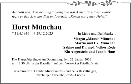 Traueranzeige von Horst Münchau von Lübecker Nachrichten