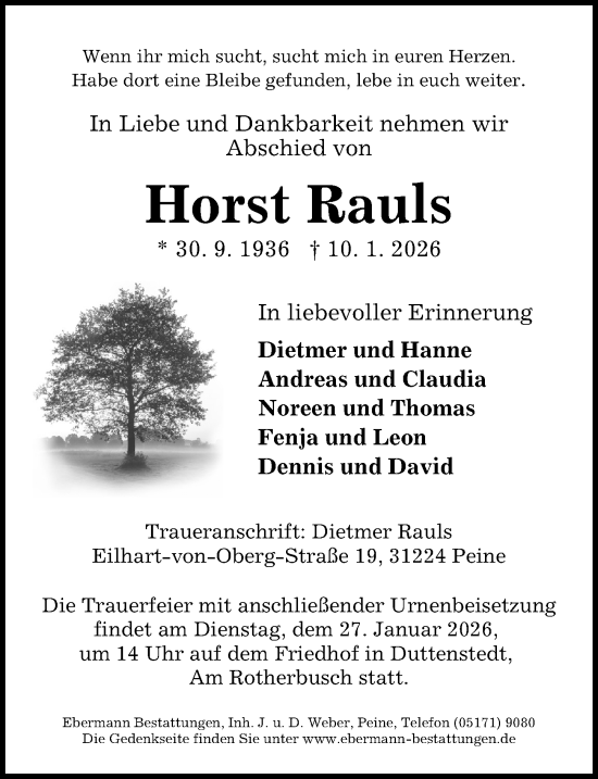 Traueranzeige von Horst Rauls von Peiner Allgemeine Zeitung