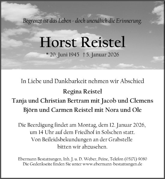 Traueranzeige von Horst Reistel von Peiner Allgemeine Zeitung