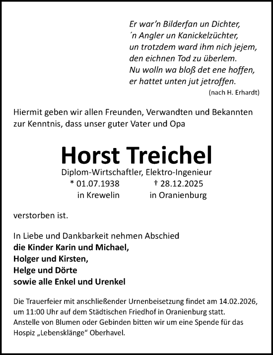 Traueranzeige von Horst Treichel von Märkischen Allgemeine Zeitung