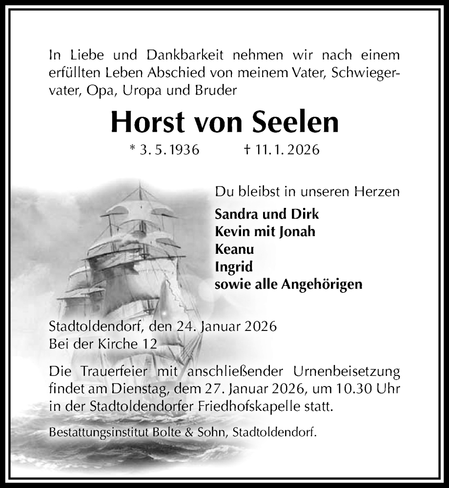  Traueranzeige für Horst von Seelen vom 24.01.2026 aus Täglicher Anzeiger Holzminden