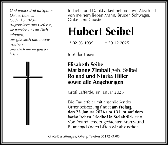 Traueranzeige von Hubert Seibel von Peiner Allgemeine Zeitung