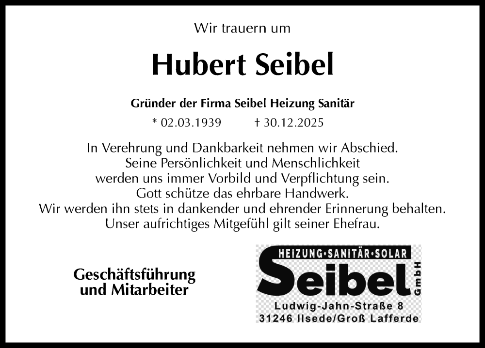  Traueranzeige für Hubert Seibel vom 17.01.2026 aus Peiner Allgemeine Zeitung