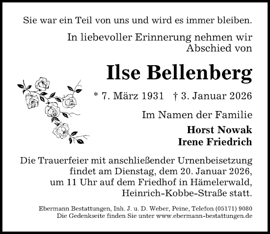 Traueranzeige von Ilse Bellenberg von Peiner Allgemeine Zeitung
