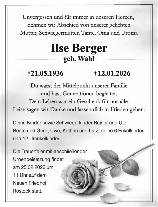 Traueranzeige von Ilse Berger von Ostsee-Zeitung GmbH