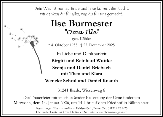 Traueranzeige von Ilse Burmester von Peiner Allgemeine Zeitung