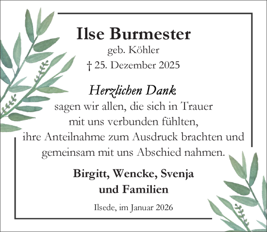 Traueranzeige von Ilse Burmester von Peiner Allgemeine Zeitung