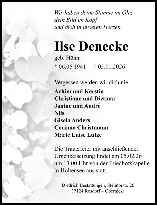Traueranzeige von Ilse Denecke von Göttinger Tageblatt