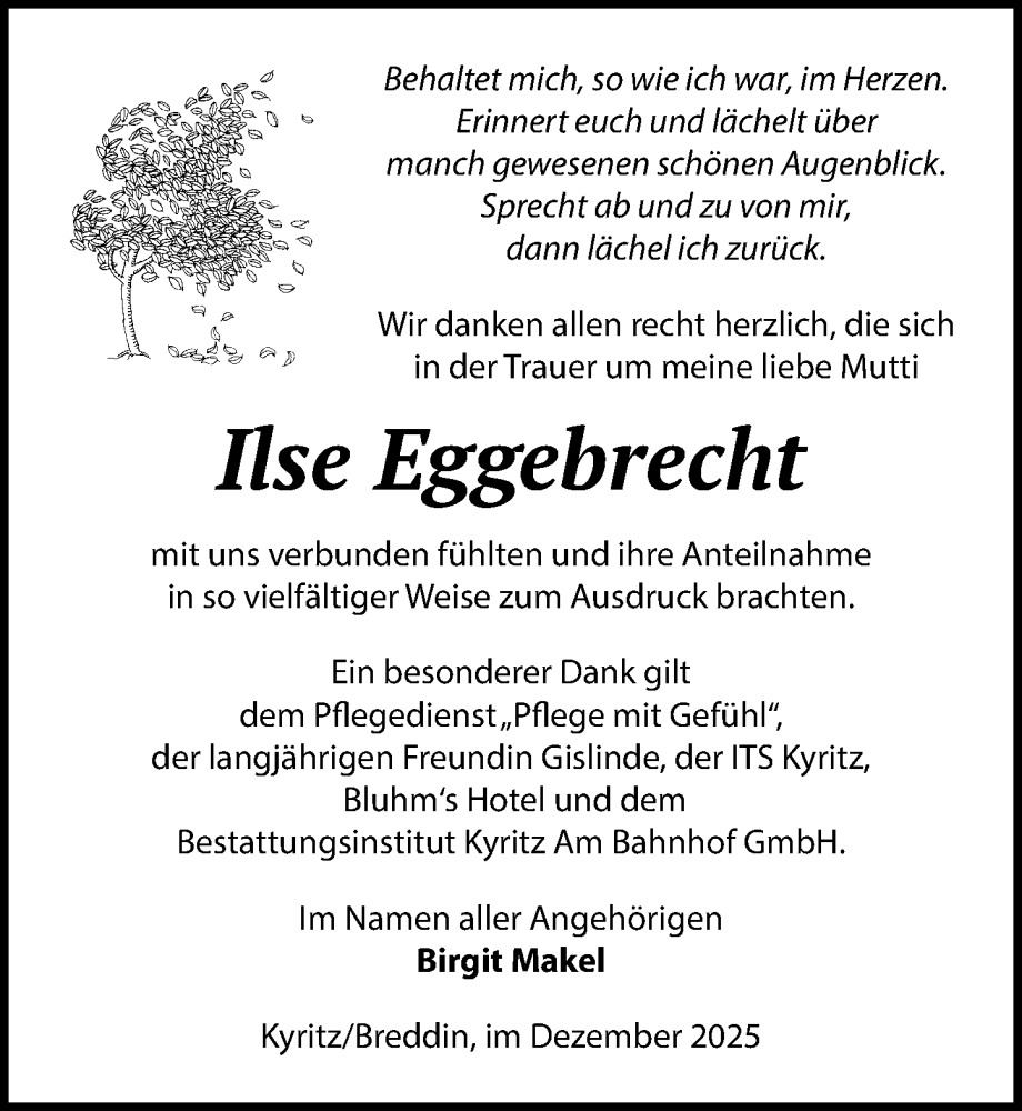  Traueranzeige für Ilse Eggebrecht vom 17.01.2026 aus Wochenspiegel