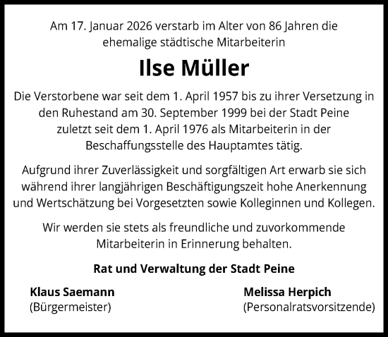 Traueranzeige von Ilse Müller von Peiner Allgemeine Zeitung