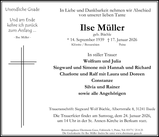 Traueranzeige von Ilse Müller von Peiner Allgemeine Zeitung