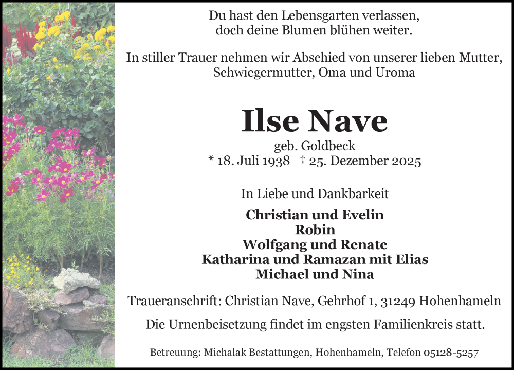  Traueranzeige für Ilse Nave vom 03.01.2026 aus Peiner Allgemeine Zeitung