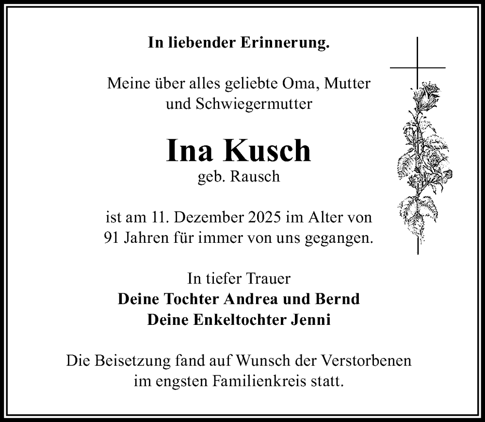  Traueranzeige für Ina Kusch vom 17.01.2026 aus Märkischen Allgemeine Zeitung