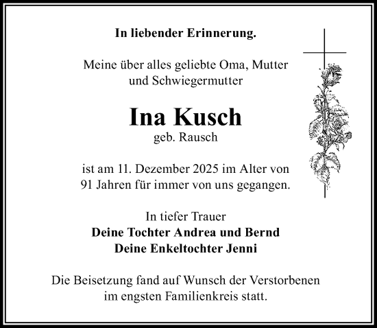 Traueranzeige von Ina Kusch von Märkischen Allgemeine Zeitung