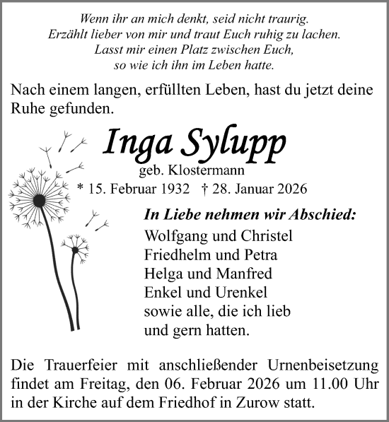 Traueranzeige von Inga Sylupp von Ostsee-Zeitung GmbH