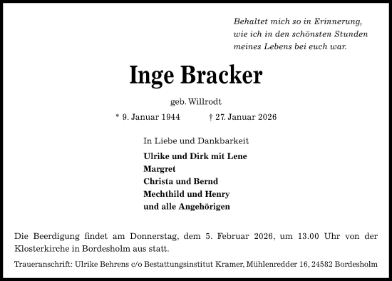 Traueranzeige von Inge Bracker von Kieler Nachrichten