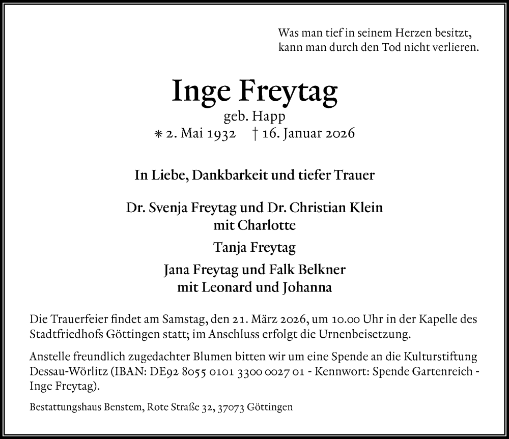  Traueranzeige für Inge Freytag vom 31.01.2026 aus Göttinger Tageblatt
