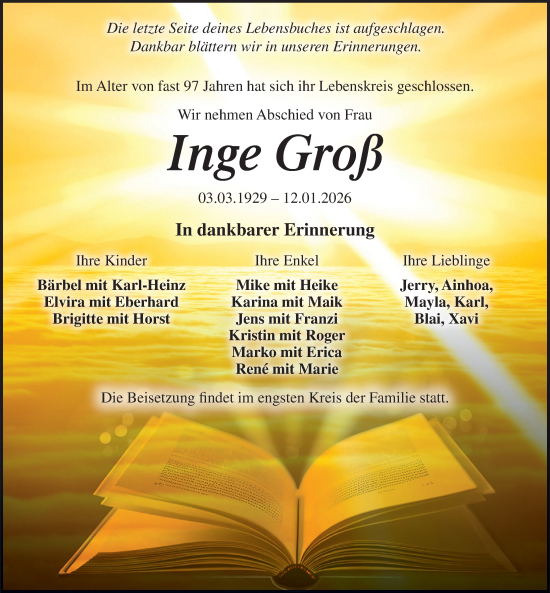 Traueranzeige von Inge Groß von Torgauer Zeitung