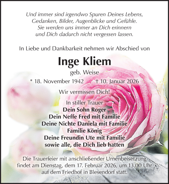 Traueranzeige von Inge Kliem von Wochenspiegel