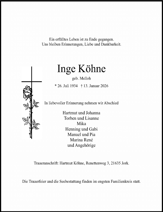 Traueranzeige von Inge Köhne von Die Harke