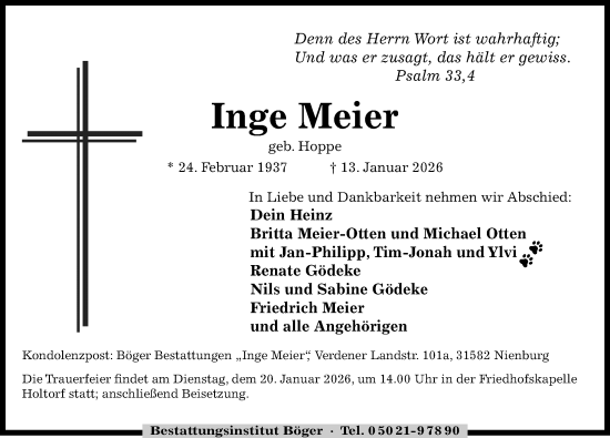 Traueranzeige von Inge Meier von Die Harke