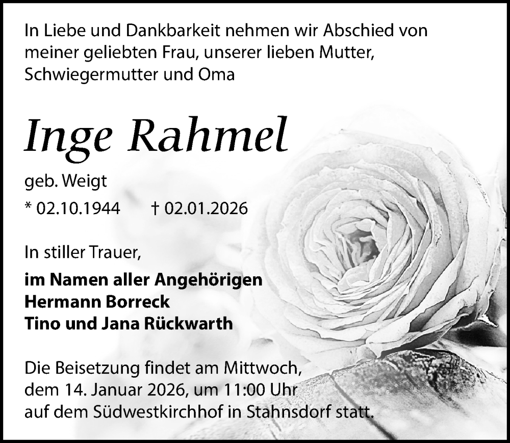  Traueranzeige für Inge Rahmel vom 10.01.2026 aus Märkischen Allgemeine Zeitung