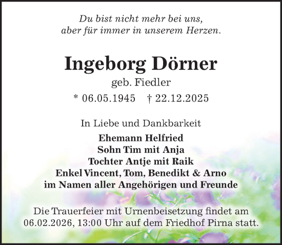 Traueranzeige von Ingeborg Dörner von Sächsische Zeitung