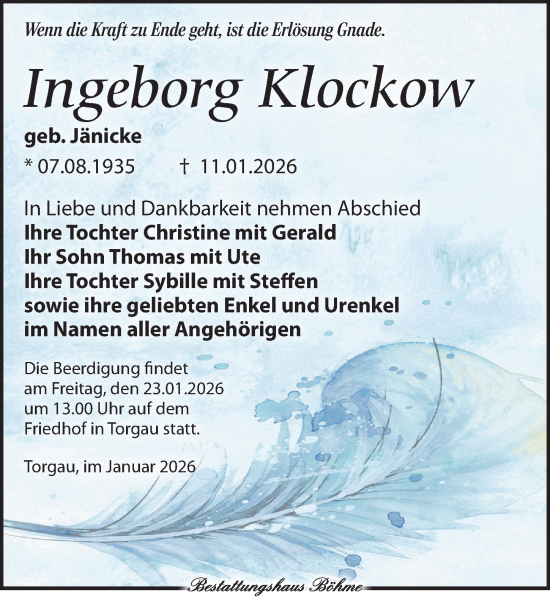 Traueranzeige von Ingeborg Klockow von Torgauer Zeitung