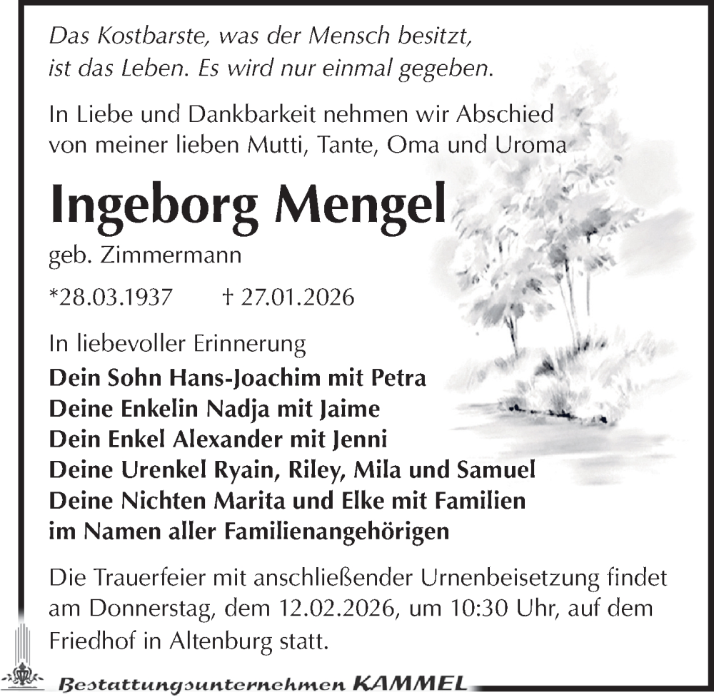  Traueranzeige für Ingeborg Mengel vom 31.01.2026 aus Leipziger Volkszeitung