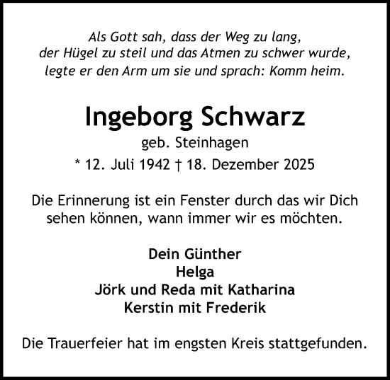 Traueranzeige von Ingeborg Schwarz von Lübecker Nachrichten