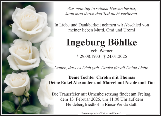 Traueranzeige von Ingeburg Böhlke von Sächsische Zeitung